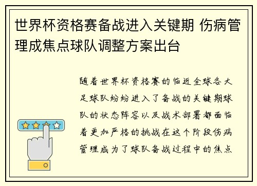 世界杯资格赛备战进入关键期 伤病管理成焦点球队调整方案出台